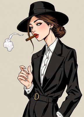A woman in a black suit smokes a cigar
