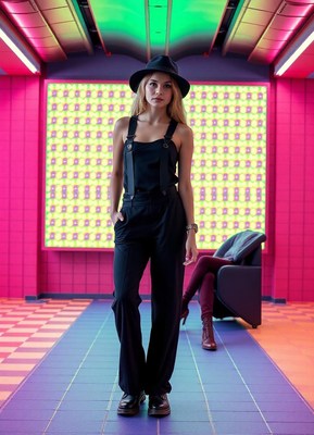 Woman in black overalls walks in neon-lit hallway