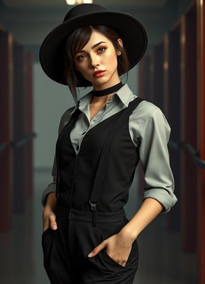 A woman in a black hat and vest stands in a hallway