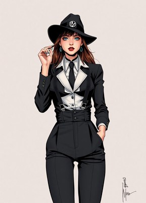 A woman in a black suit and hat poses confidently