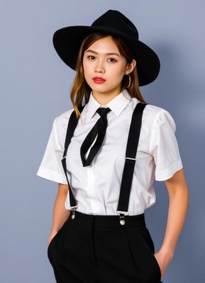 A woman wears a white shirt, black tie, and black suspenders