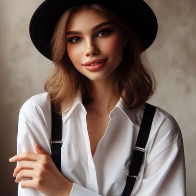 A woman smiles while wearing a white shirt and suspenders