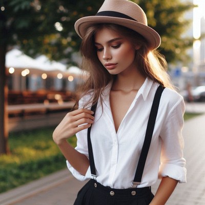 A woman in a white shirt and black suspenders walks