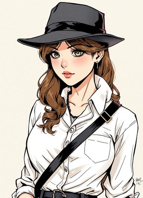 A woman in a black hat and white shirt stares at you