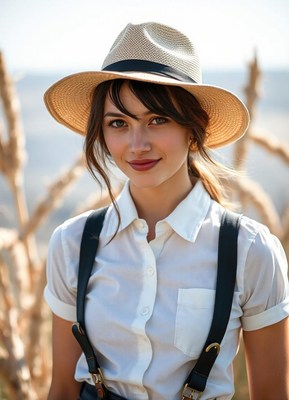 A woman smiles while wearing a hat in a field