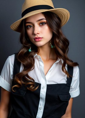 Woman in straw hat and white shirt faces camera. 