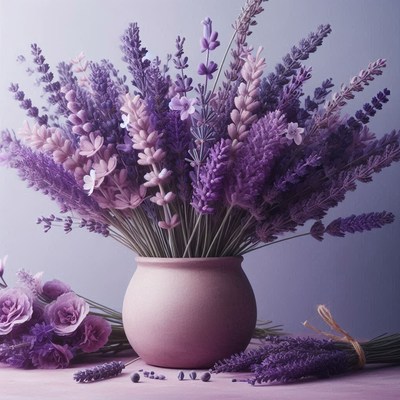 A bouquet of lavender sits in a vase on a table