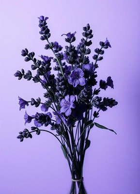 A bouquet of purple lavender flowers on a purple background