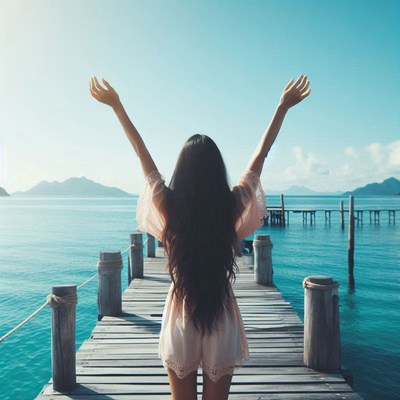 Woman on dock, arms raised, enjoying tropical view