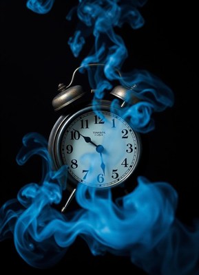 A silver alarm clock surrounded by blue smoke