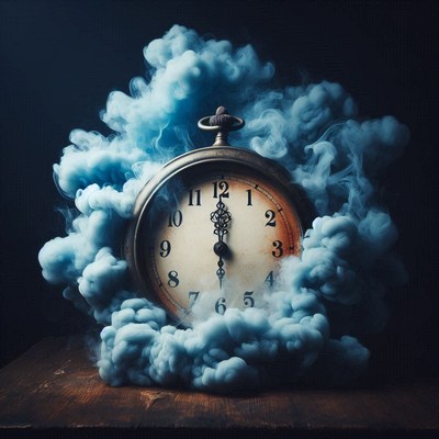 An old clock is surrounded by blue smoke