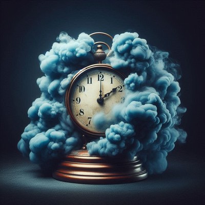 An antique clock is engulfed in blue smoke