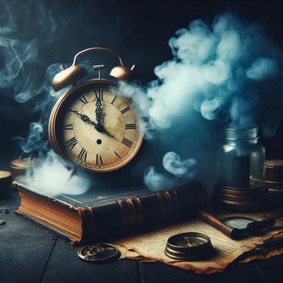 An old alarm clock sits on a book surrounded by smoke