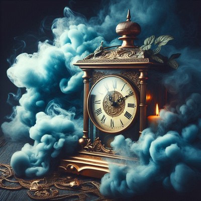 An ornate clock sits in a cloud of blue smoke