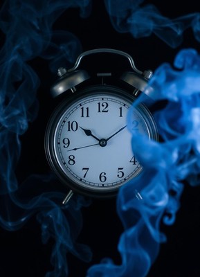 An alarm clock with blue smoke behind it