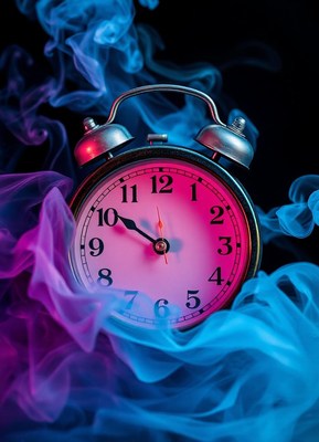 An alarm clock sits in blue and pink smoke