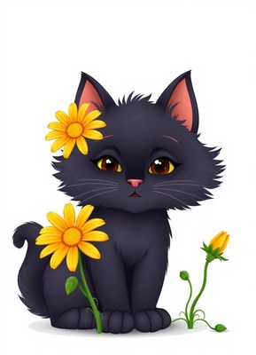 A cute black kitten sits in a field of yellow flowers