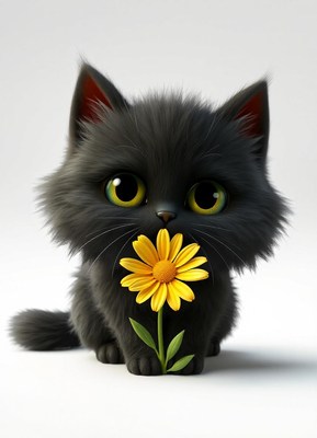 A black kitten holds a yellow daisy