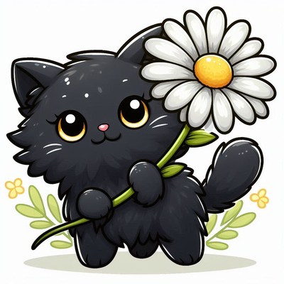 A black kitten holds a daisy