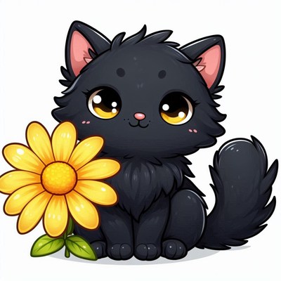 A cute black kitten sits with a yellow flower