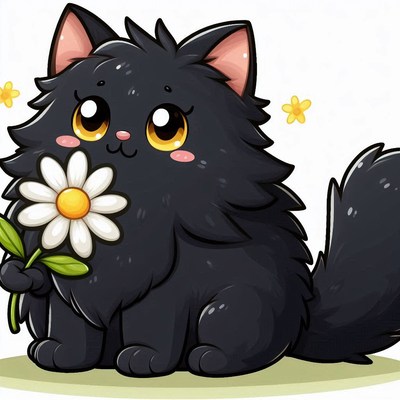 A black cat holds a daisy