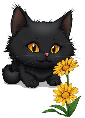 A black kitten sits near a sunflower