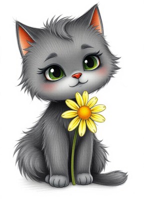 A gray kitten holds a yellow flower