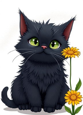 A black kitten sits near yellow flowers