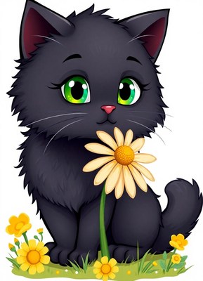 A black kitten sits in a field of flowers