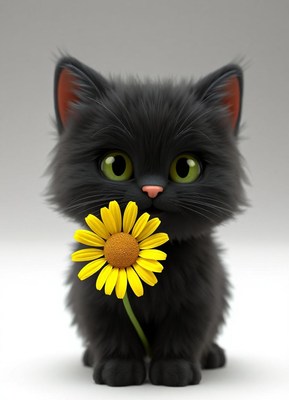 A black kitten holds a yellow flower