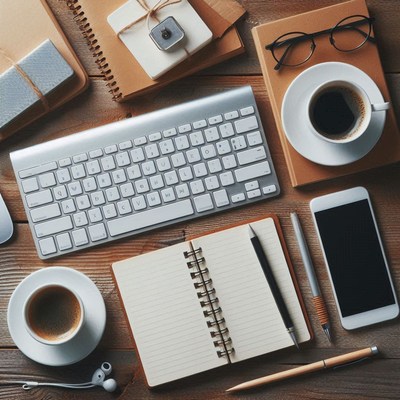 A desk with a keyboard, notebook, and coffee