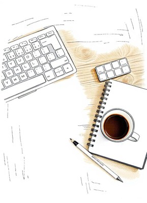 A desk with a keyboard, coffee, and notebook