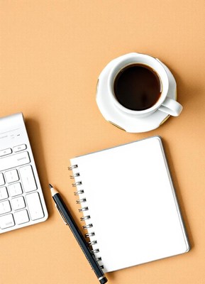 A cup of coffee and a notebook on a desk