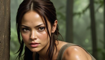 A woman in a forest looks intensely at the camera