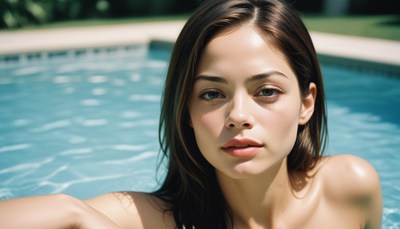 A woman looks out from a pool on a sunny day