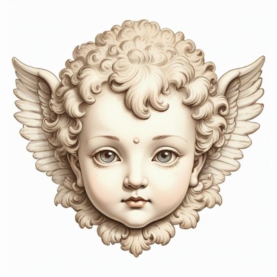 A cherub with wings, drawn in a detailed, realistic style