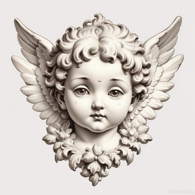 A cherub with wings and flowers