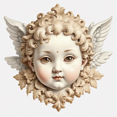 A cherub sculpture with wings and flowers