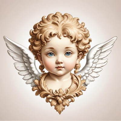 A cherubic angel with large white wings