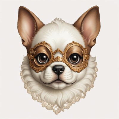 A chihuahua wearing a gold mask