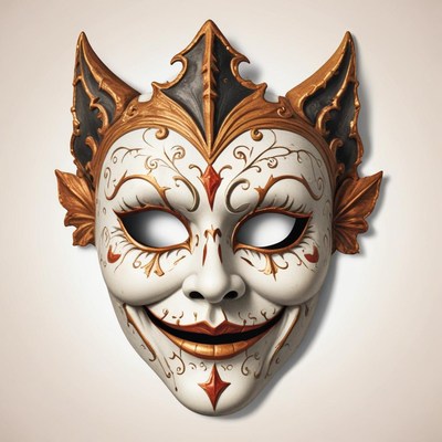 A white and gold masquerade mask with a mischievous smile