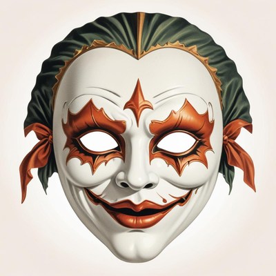 A white mask with orange accents and a mischievous smile