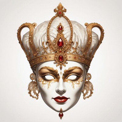 A white and gold masquerade mask with red jewels
