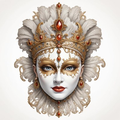 A woman wears a golden mask with red gems