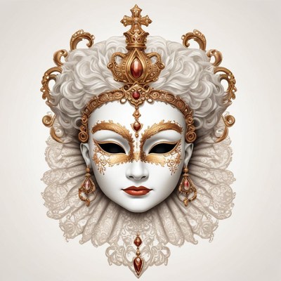 A white and gold masquerade mask with a crown