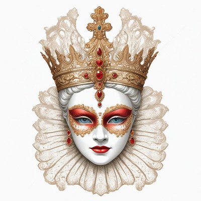 A woman wearing a gold crown and a masquerade mask