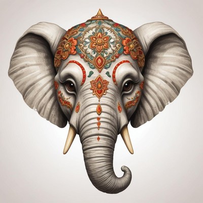 A decorated elephant head with intricate details
