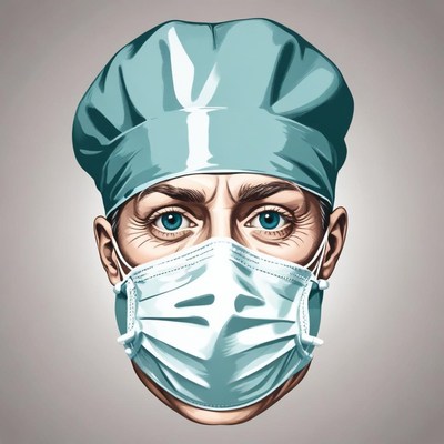 A surgeon wears a mask and hat