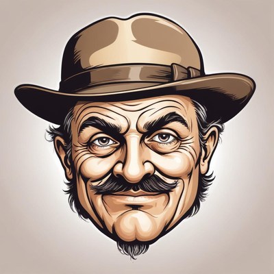 Cartoon man with a mustache smiles in a brown hat