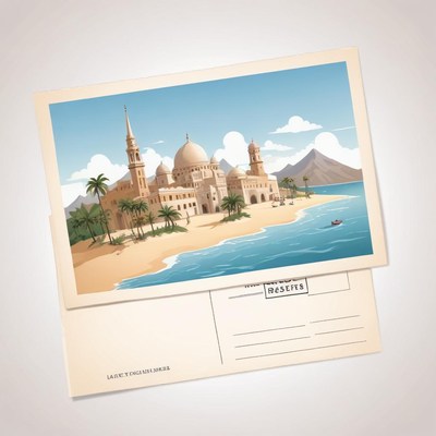 A postcard featuring a mosque on a beach